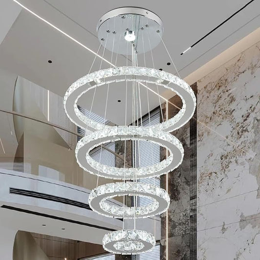 LED Chandeliers, Modern Crystal Chandelier Dining Room Living Room LED Ceiling Pendant Light 4 Rings Adjustable Stainless Steel Contemporary Chandeliers (4r Cool White)