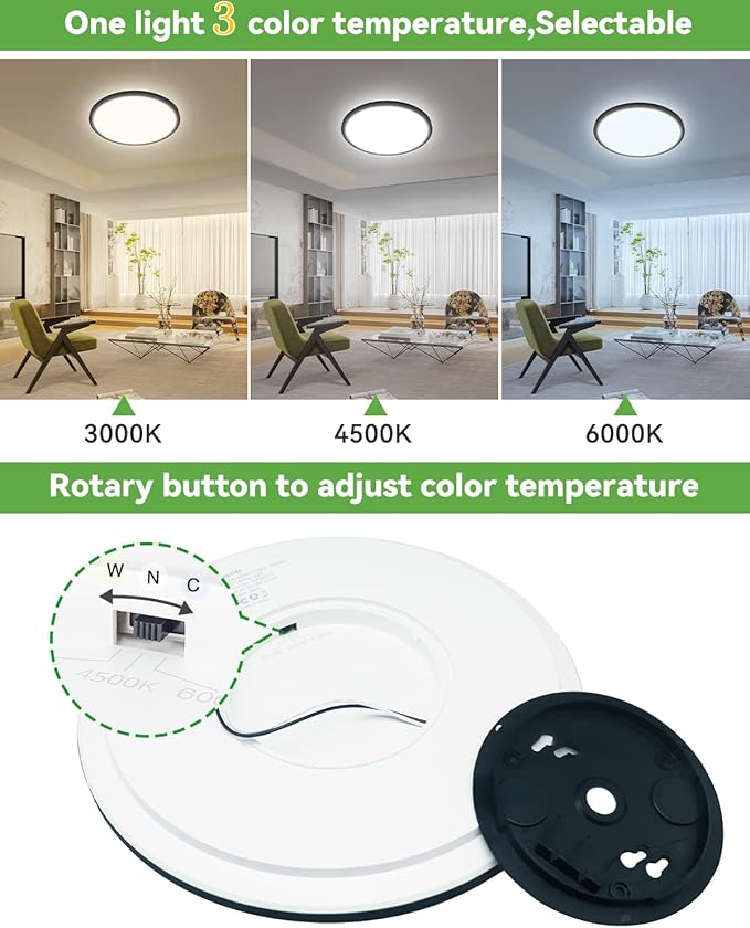 zemty 4Pack 12 Inch LED Ceiling Light Flush Mount, 24W 2640lm Super Slim Flush Mount Ceiling Lamp Fixtures, 3000K/3500K/4000K/5000K/6500K Selectable for Bedroom Bathroom Kitchen Living Room (Black)