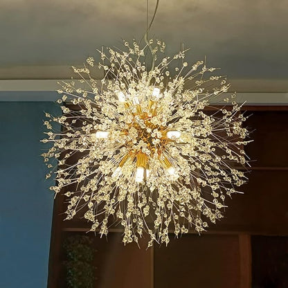 Yiisem Gold Crystal Chandeliers, 12-Light Modern Firework Pendant Lighting, G9 Dandelion Chandelier Light Fixtures for Dining Room Bedroom Living Room Restaurant Kitchen Aisle Hallway