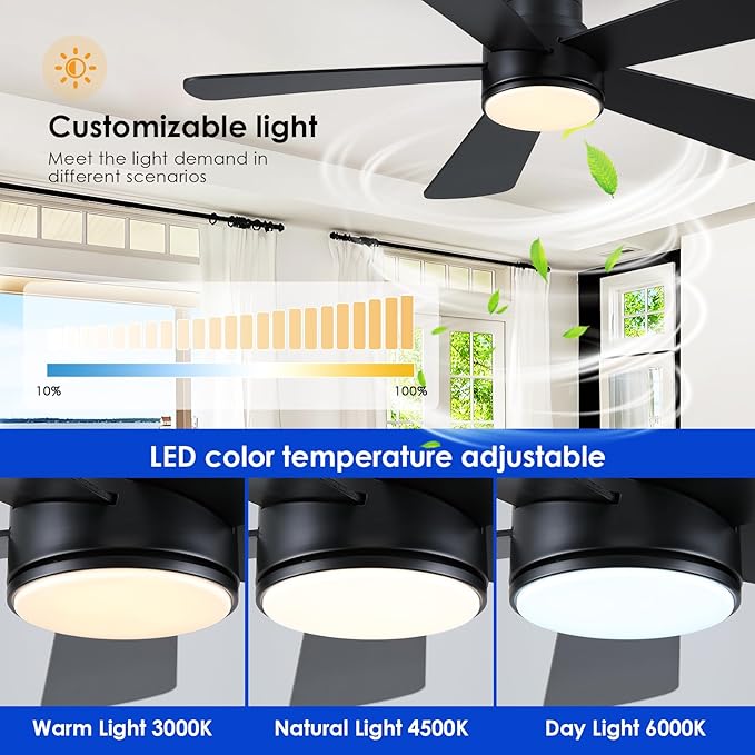 Hounberi 52 Inch Flush Mount Ceiling Fan with Lights and Remote, Modern Quiet DC Motor Low Profile Ceiling Fan for Low Ceilings, 5 Reversible Blades, 6 Speeds Dimmable, Indoor Outdoor Bedroom, Black