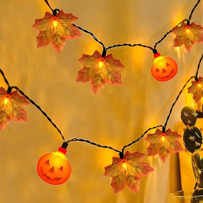 13.6Ft Fall Decor Maples Leaf Pumpkin String Lights, Hanging Outdoor Thanksgiving Decorations Lights with 25 Maple Leaves Light and 10 Pumpkin Lights for Thanksgiving Harvest Halloween Porch Window