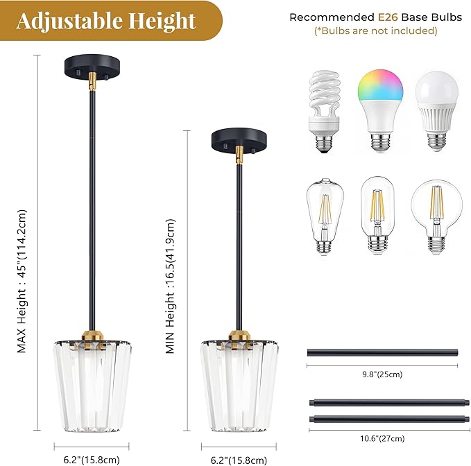 2 Pack Crystal Pendant Lights Kitchen Island - Modern Black and Gold Pendant Light Mini Adjustable Hanging Pendant Lights for Kitchen Island Dining Room Foyer Hallway