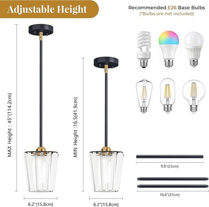 2 Pack Crystal Pendant Lights Kitchen Island - Modern Black and Gold Pendant Light Mini Adjustable Hanging Pendant Lights for Kitchen Island Dining Room Foyer Hallway