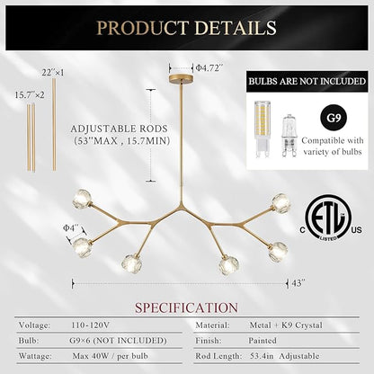 K9 Crystal Pendant Light Fixture Sputnik Chandeliers for Dining Room 6 Light Modern Gold Chandelier L43’' Mid Century Flush Mount Chandelier for Over Table Living Room Kitchen Island