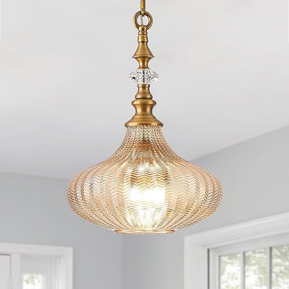 3-Light Pendant Light Fixture,Vintage Gold Farmhouse Chandelier for Kitchen,Adjustable Amber Glass Ceiling Hanging Lighting for Hallway Bedroom Entryway Dining Room Islan