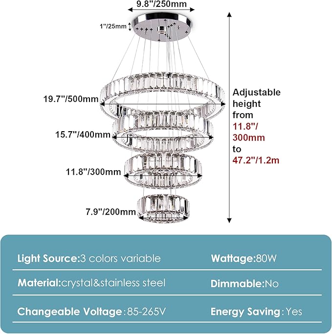 Modern Crystal Chandeliers 4 Ring LED Crystal Pendant Light DIY Adjustable High Chandelier for Dining Room Living Room Bedroom 3 Color Changeable
