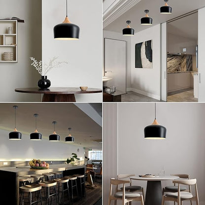 11.8 inch Black Industrial Pendant Light, Adjustable Wood Ceiling Hanging Lighting with Dome Metal Shade,Farmhouse Minimalist Lamp for Kitchen Island,Dining Room,Bar, Bedroom,Hallway