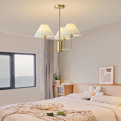 KCO Lighting 3-Lights Pleated Chandelier White Fabric Pendant Light Fixtures Mid Century Modern Gold Sputnik Chandelier Vintage Classic Chandeliers for Dining Room Bedroom