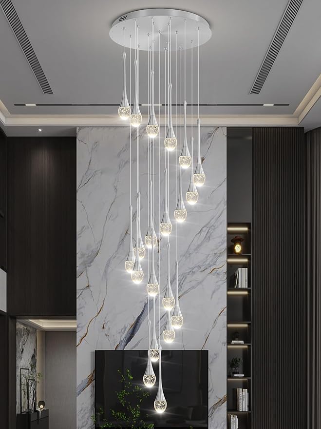 ykolupty H138 Modern Chandelier for High Ceiling 26-Lights Chrome Raindrop Chandeliers Crystal Pendant Light Fixture Large Chandelier for Staircase Foyer Villa Dimmable LED Hanging Light