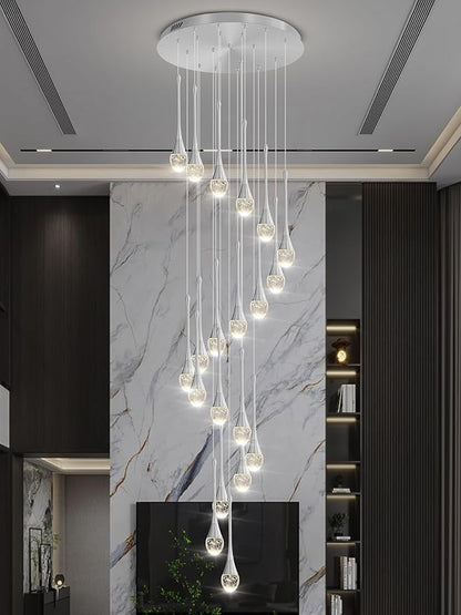 ykolupty H138 Modern Chandelier for High Ceiling 26-Lights Chrome Raindrop Chandeliers Crystal Pendant Light Fixture Large Chandelier for Staircase Foyer Villa Dimmable LED Hanging Light