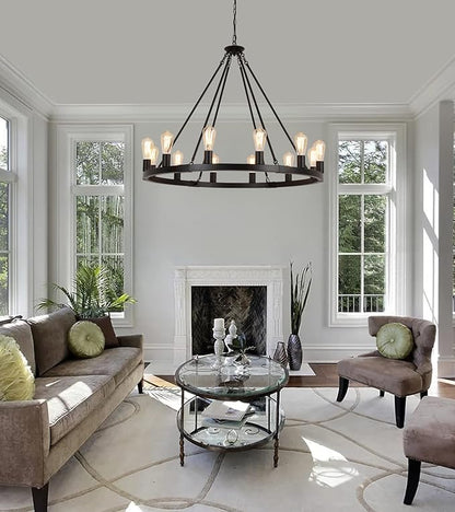AMZASA Large Farmhouse Wagon Wheel Chandelier,Black Industrial Round 12 Lights Dining Room Light Fixture for Kitchen Living Room Foyer Hotel Dia38.2 Inches UL Listed