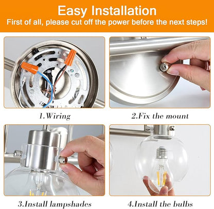 3 Lights Vanity Light, Brushed Nickel Bathroom Light Fixtures, Farmhouse Wall Sconces with Globe Clear Glass Shade, Porch Wall Mount Lamp for Mirror, Kitchen, Porch, Living Room, Workshop (E26 Base)