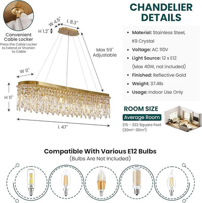 Siljoy Modern Crystal Chandelier for Dining Room, 12-Light Luxury Rectangle K9 Crystal Raindrop Chandelier, Dimmable Oval Crystal Pendant Ceiling Light for Living Room Kitchen Island L47 Inch