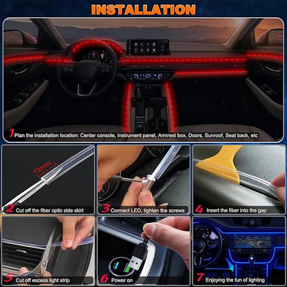 Jushope Car LED Lights, Interior Car Lights with Wireless APP/RF Remote/Button Control, Car Ambient Lighting Kit with 315" Integrated Molding Fiber Optic RGB Sync to Music (6 in 1-USB)