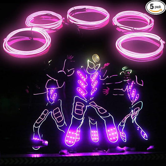 EL Wire-5 in 1 Meter Portable Neon Rope Lights Strip-Wearable Battery Pack Body Lights-360°Illumination-Super Bright-Cuttable-DIY Halloween Christmas Festival Party Bar Game Room Cosplay Costume(Pink)