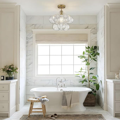 Semi Flush Mount Chandelier Gold-Special Bubble Flush Mount Ceiling Light 14.17" Modern Mid Century Ceiling Light Fixtures With 9 Clear Swirled Glass Ball for Bedroom Foyer kitchen, Include E26 Blub