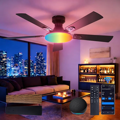 Amico Ceiling Fans with Lights, 52'' Smart RGB Ceiling Fan with Remote/APP/Alexa Control, Flush Mount, Reversible DC Motor, 5 Blades, 6 Speeds, 3CCT, Dimmable, Noiseless, Bedroom, Living Room, Black