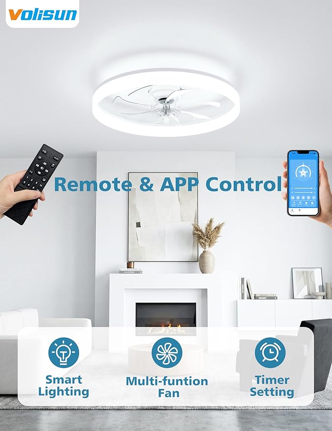 VOLISUN Low Profile Ceiling Fans with Lights and Remote, 24in Fandelier Ceiling Fan with Light, 3000K-6500K Dimmable Bladeless LED Fan Light, White Flush Mount Ceiling Fans with Lights for Bedroom