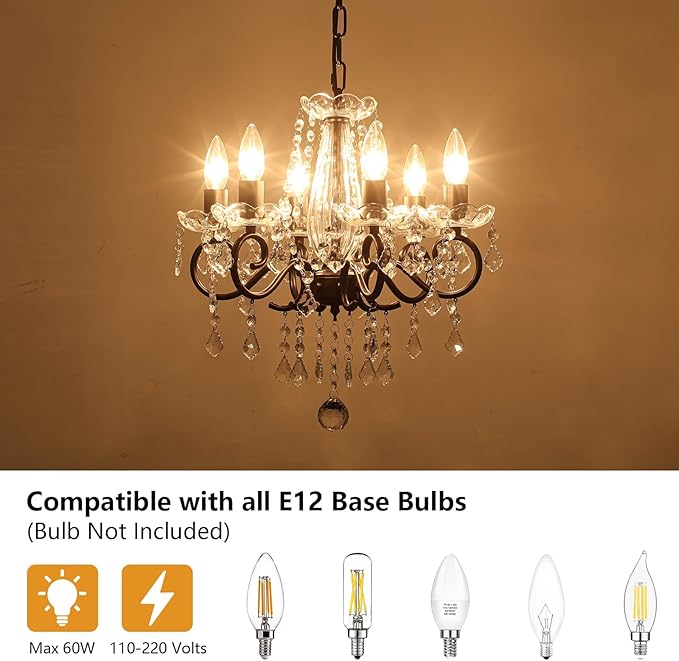 Black Crystal Chandelier, 6-Light European Candle Style Pendant Light, Luxury Decorative Ceiling Light for Living Room Dining Room Bedroom
