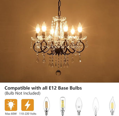 Black Crystal Chandelier, 6-Light European Candle Style Pendant Light, Luxury Decorative Ceiling Light for Living Room Dining Room Bedroom