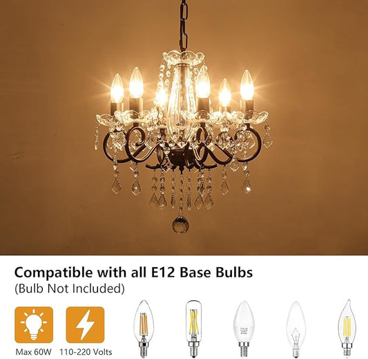 Black Crystal Chandelier, 6-Light European Candle Style Pendant Light, Luxury Decorative Ceiling Light for Living Room Dining Room Bedroom