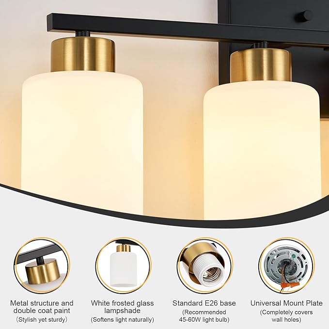 FonmYim Black and Gold Bathroom Light Fixtures, 4-Light Modern Vanity Light Over Mirror, Wall Sconces with Milky White Frosted Glass Shades, E26 Socket (Bulbs Not Included)