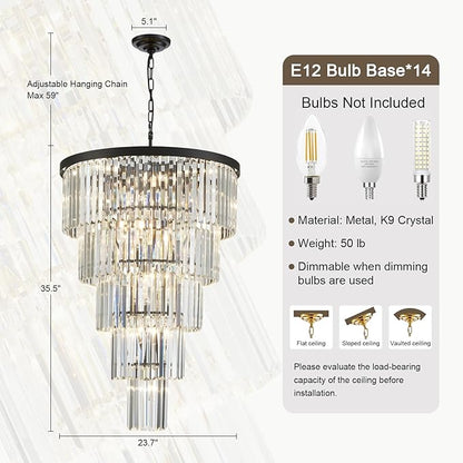 Crystal Chandelier, 35.5-inch Height, 5-Tier Modern Black, Round Light Fixture for Entryway