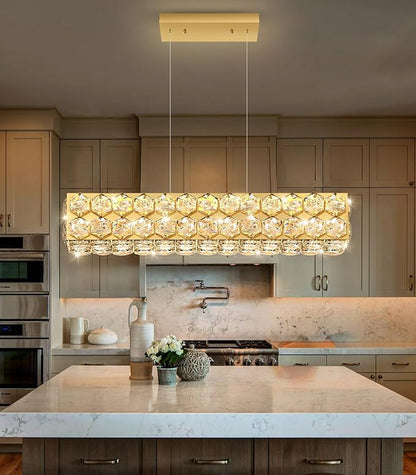 24'' Modern Crystal Chandelier for Dining Room Ceiling Light Fixture for Living Room Hallway Lighting LED Dimmable with Remote Gold