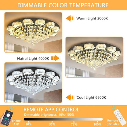 47" Black Modern Crystal Chandeliers for Dining Room LED Dimmable Light Fixtures Flush Mount Light Living Room Bedrooms