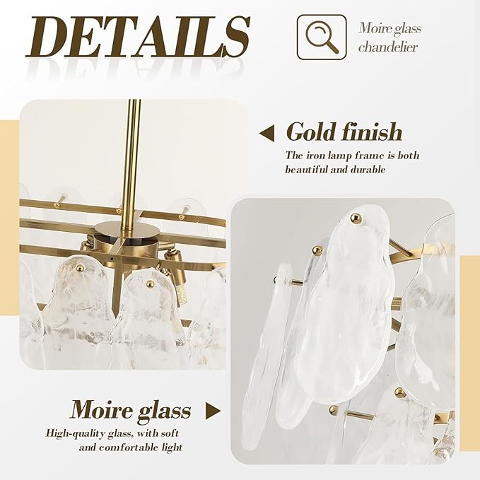 Gold Crystal Chandelier Rectangular Pendant Lighting 8-Light Crystal Chandeliers for Kitchen Island Cloud Glass 2-Tier Light Fixture for Dining Room, Living Room, Kitchen