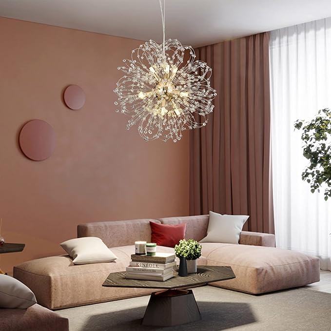 Dandelion Crystal Chandeliers, 9-Light Modern Firework Chandelier for Dining Room, Gold Sputnik Pendant Light Fixture for Bedroom, Living Room, Kitchen, Restaurant