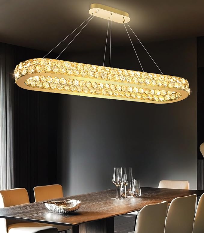47'' Modern Oval Chandelier Crystal Chandeliers for Dining Room Round Ceiling Light Fixture for Living Room Lighting LED Dimmable with Remote Ring Lights Gold