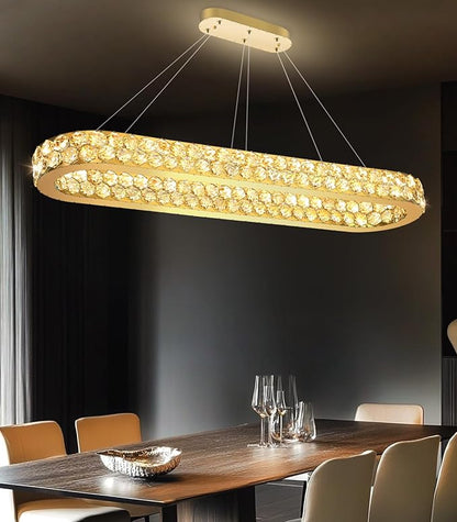 47'' Modern Oval Chandelier Crystal Chandeliers for Dining Room Round Ceiling Light Fixture for Living Room Lighting LED Dimmable with Remote Ring Lights Gold