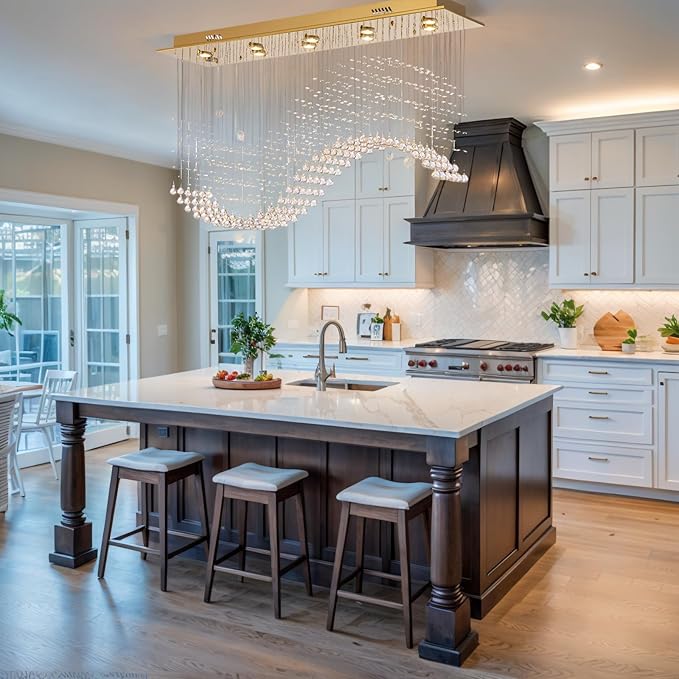 Siljoy Modern Crystal Chandelier 10-Light Rectangular Gold Wave Raindrop Pendant Flush Mount Ceiling Light for Dining Room Living Room Kitchen Island Bar L40'' x W11.8'' x H35.4''