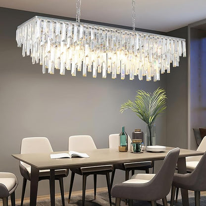 Dining Room Chandelier, 12 Lights Chrome Rectangle Crystal Chandeliers for Dining Room Kitchen Table Living Room Modern Rectangular Pendant Light Fixture 40"
