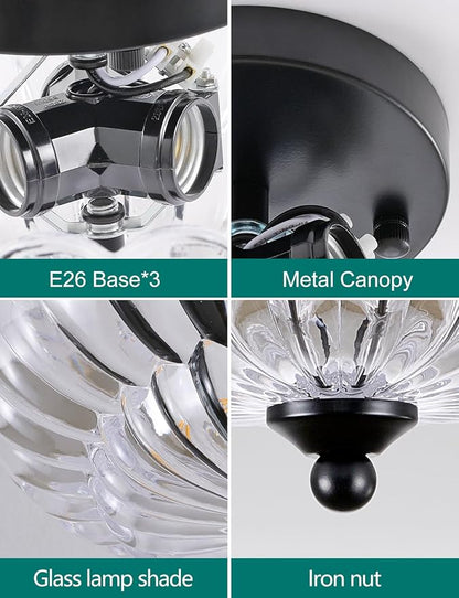 3-Light Semi Flush Mount Ceiling Light Fixture, Vintage Crystal Glass with Black Metal Frame, Modern Close-to-Ceiling Lighting for Bedroom Kitchen Living Room Hallway, E26 Base (Bulbs Not Included)