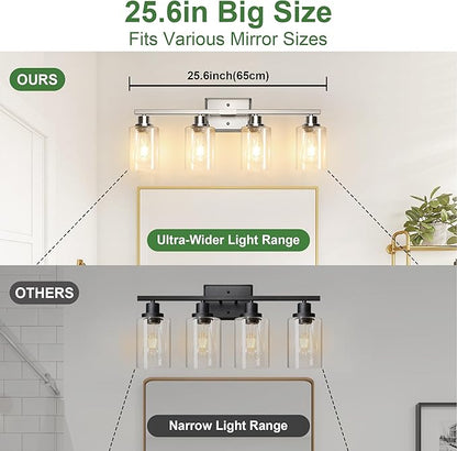 Ascher Bathroom Light Fixtures, 4-Light Vanity Lights with Clear Glass Shade, Modern Brushed Nickel Wall Light for Mirror Bedroom Hallway Cabinet Porch