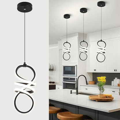 EIDISUNY Modern Led Pendant Light Fixture, 15W Black Spiral Pendant Light Kitchen Island, 4500K Daylight White Pendant Lamp, Adjustable Height Chandelier for Kitchen Dining Room Bedroom (Black)