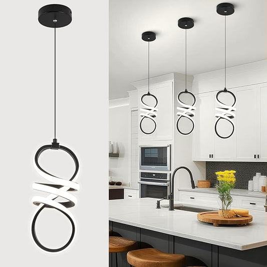 EIDISUNY Modern Led Pendant Light Fixture, 15W Black Spiral Pendant Light Kitchen Island, 4500K Daylight White Pendant Lamp, Adjustable Height Chandelier for Kitchen Dining Room Bedroom (Black)