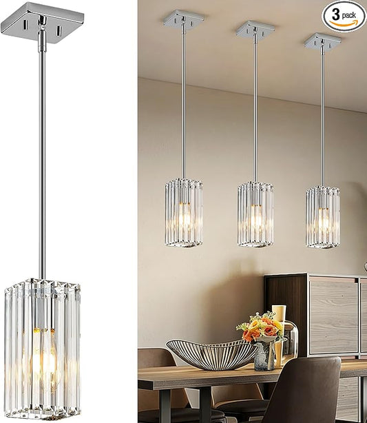 Modern Crystal Pendant Lights Kitchen Island, 3-Pack Chrome Hanging Light with Clear Crystal Shade, Adjustable Height Pendant Lighting for Kitchen Island Dining Room Bedroom Bar Entryway