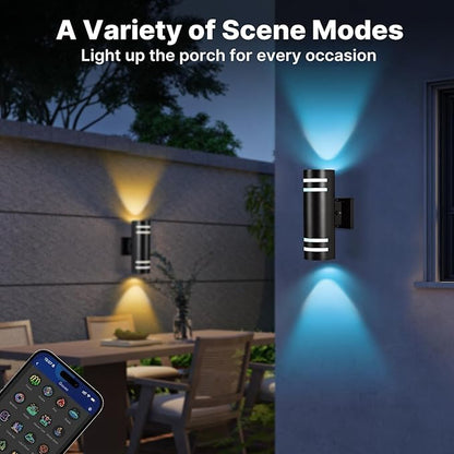 RGB Up and Down Lights Outdoor Wall Lights 2 Packs, Smart Color Changing Outdoor Wall Sconce WiFi Voice & App Control,Aluminum Waterproof Exterior Lights for Porch Compatible with Alexa