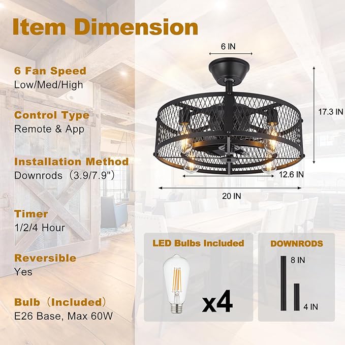 Depuley Caged Ceiling Fan with Light: 20" Black Small Fandelier Ceiling Fan with Remote - Farmhouse Fandelier with Fan Light Fixture for Low Profile Indoor Bedroon Kitchen Living Dining Room