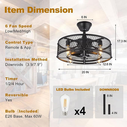 Depuley Caged Ceiling Fan with Light: 20" Black Small Fandelier Ceiling Fan with Remote - Farmhouse Fandelier with Fan Light Fixture for Low Profile Indoor Bedroon Kitchen Living Dining Room