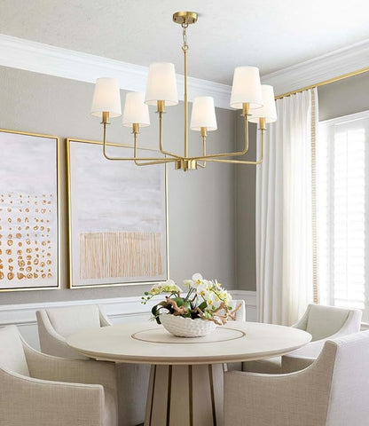 6-Light Classic Chandelier with Brushed Gold Finish & Linen Shades, E12 Base Rustic Ceiling Light Fixture for Kitchen Island, Dining Room, Entryway, Industrial Farmhouse Lighting