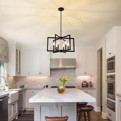 6-Light Black Chandelier, Farmhouse Dining Room Light Fixture, Large Modern Chandelier, Geometric Industrial Metal Hang Lighting Fixture for Foyer Entryway Kitchen Over Table Hallway Living Room
