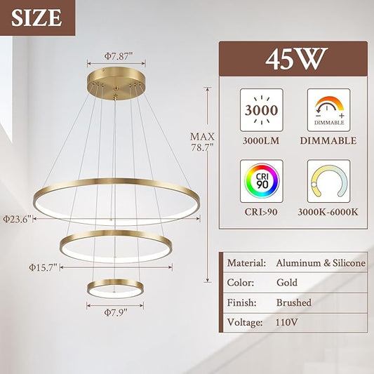 3 Ring Modern LED Chandelier Gold Dimmable Round Chandeliers, LED Circular Pendant Light Fixture with Remote Control for Living Room, Dining Room, Office, Entry, Bedroom