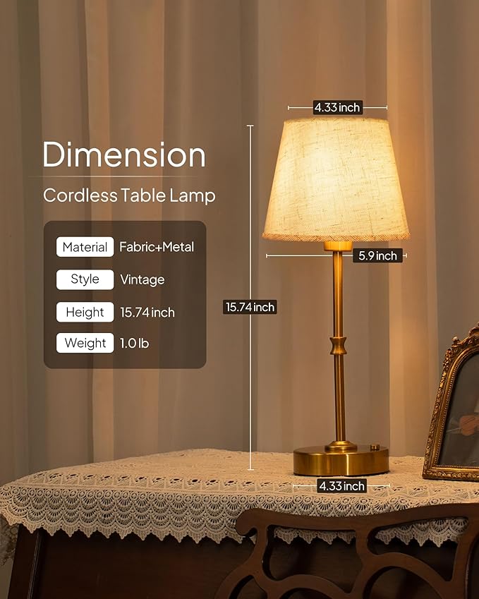 EppieBasic Cordless Table Lamp Rechargeable: Fast Charging & Long Lasting - 2700K Warm Light Small Vintage Gold Side Table Lamps - Dinning Living Room Bedroom - Linen Shade