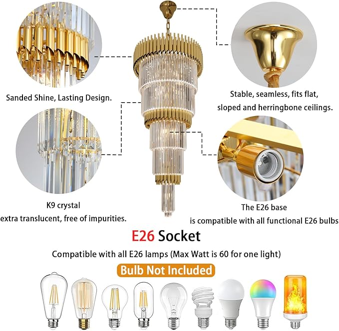 Luxury Gold Crystal Chandelier for High Ceiling 5-Tier Large Stair Chandelier for Foyer Living Room 24″W x 48″H with 100″ Chain 15-Light