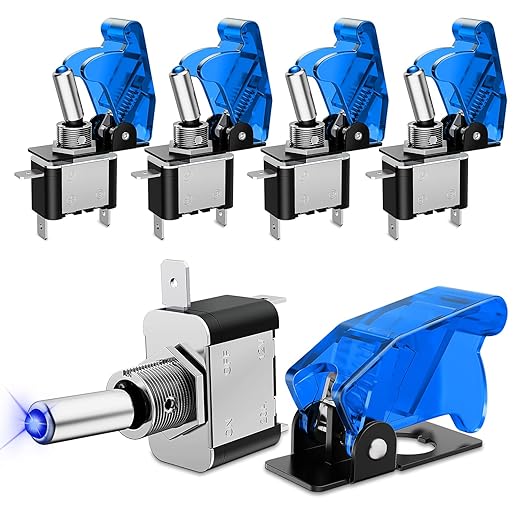 Nilight 5PCS LED Toggle Switch ON Off 12V Blue Lighted Aircraft Safety Cover Heavy Duty 20A SPST 3 Pin Rocker for Automotive Cars Trucks Boats Racing Cars,2 Years Warranty