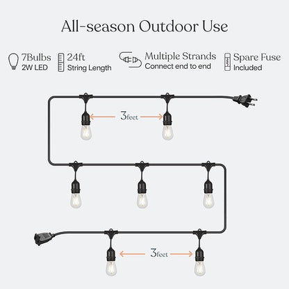 Brightech Ambience Pro - 24 Ft Waterproof LED Outdoor String Lights - Hanging, Dimmable 2w Vintage Edison Bulbs -Commercial Grade Patio Lights Create Cafe Ambience in Your Backyard - 7 Lights, Black